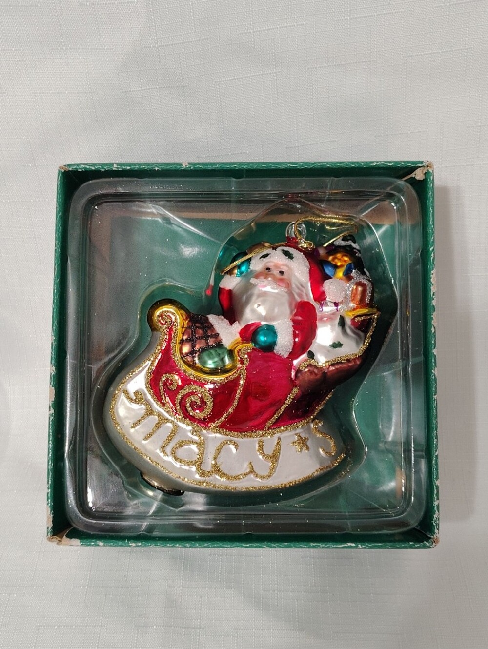 Macy’s Santa Claus In His Sleigh Glass Christmas Ornament Original Box 4"x4"